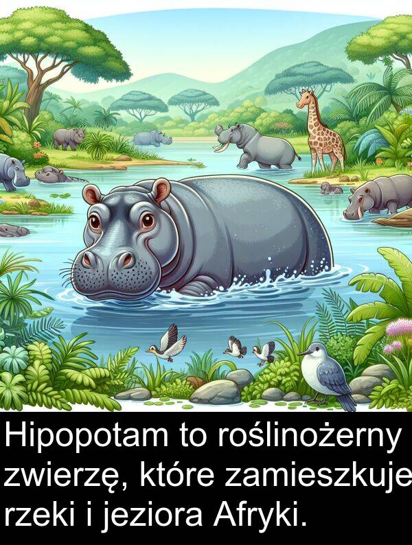 zwierzę: Hipopotam to roślinożerny zwierzę, które zamieszkuje rzeki i jeziora Afryki.