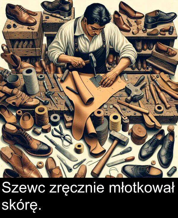 zręcznie: Szewc zręcznie młotkował skórę.