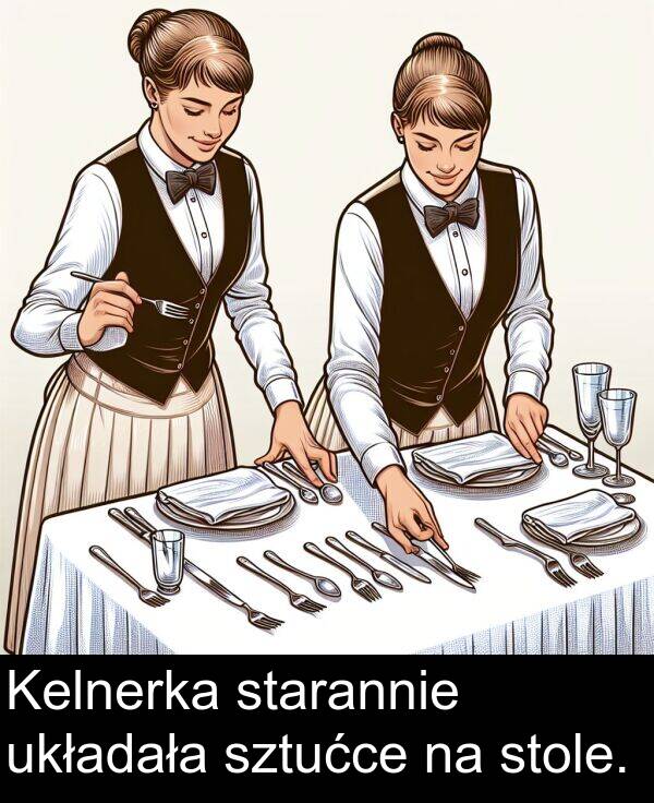 sztućce: Kelnerka starannie układała sztućce na stole.