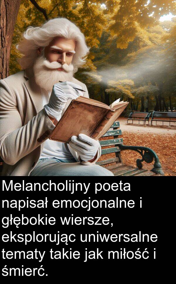 eksplorując: Melancholijny poeta napisał emocjonalne i głębokie wiersze, eksplorując uniwersalne tematy takie jak miłość i śmierć.