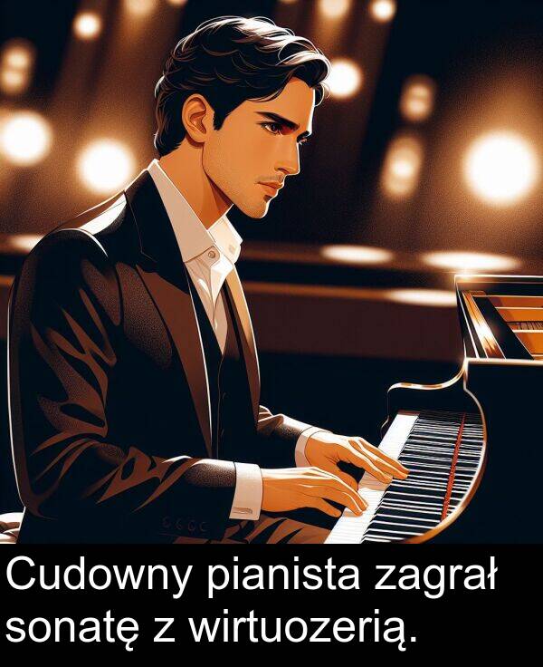 zagrał: Cudowny pianista zagrał sonatę z wirtuozerią.