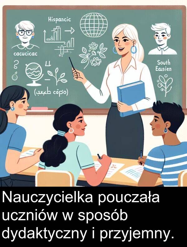 przyjemny: Nauczycielka pouczała uczniów w sposób dydaktyczny i przyjemny.