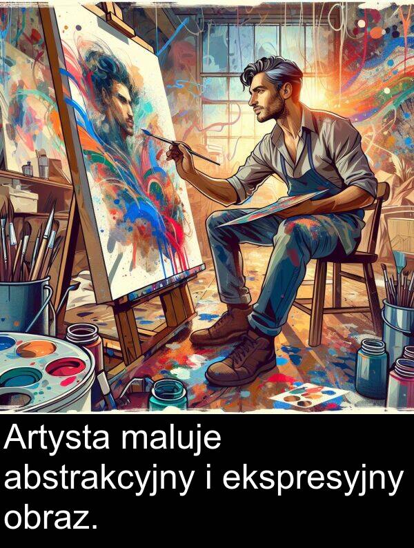 abstrakcyjny: Artysta maluje abstrakcyjny i ekspresyjny obraz.