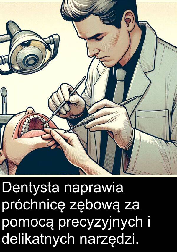 próchnicę: Dentysta naprawia próchnicę zębową za pomocą precyzyjnych i delikatnych narzędzi.
