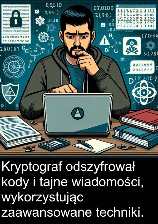 wykorzystując: Kryptograf odszyfrował kody i tajne wiadomości, wykorzystując zaawansowane techniki.