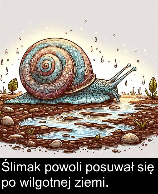 powoli: Ślimak powoli posuwał się po wilgotnej ziemi.
