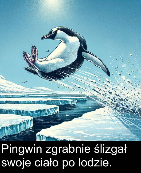 zgrabnie: Pingwin zgrabnie ślizgał swoje ciało po lodzie.