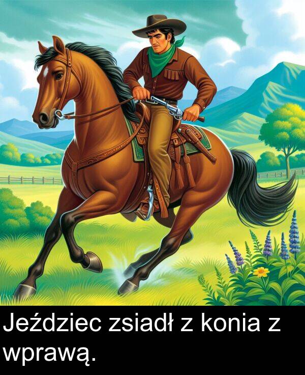 zsiadł: Jeździec zsiadł z konia z wprawą.