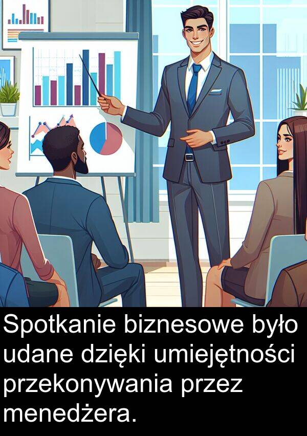 przekonywania: Spotkanie biznesowe było udane dzięki umiejętności przekonywania przez menedżera.