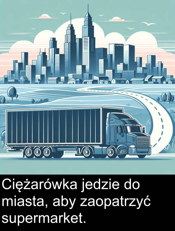 jedzie: Ciężarówka jedzie do miasta, aby zaopatrzyć supermarket.