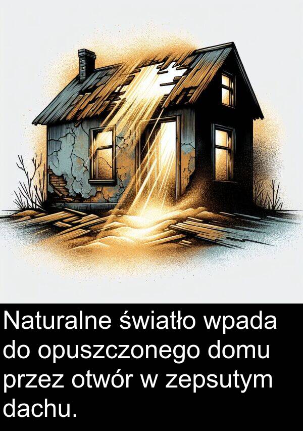 zepsutym: Naturalne światło wpada do opuszczonego domu przez otwór w zepsutym dachu.