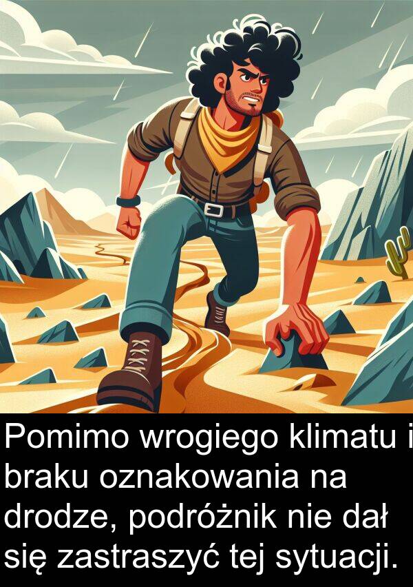 tej: Pomimo wrogiego klimatu i braku oznakowania na drodze, podróżnik nie dał się zastraszyć tej sytuacji.
