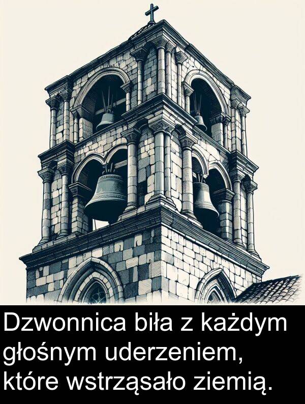 ziemią: Dzwonnica biła z każdym głośnym uderzeniem, które wstrząsało ziemią.