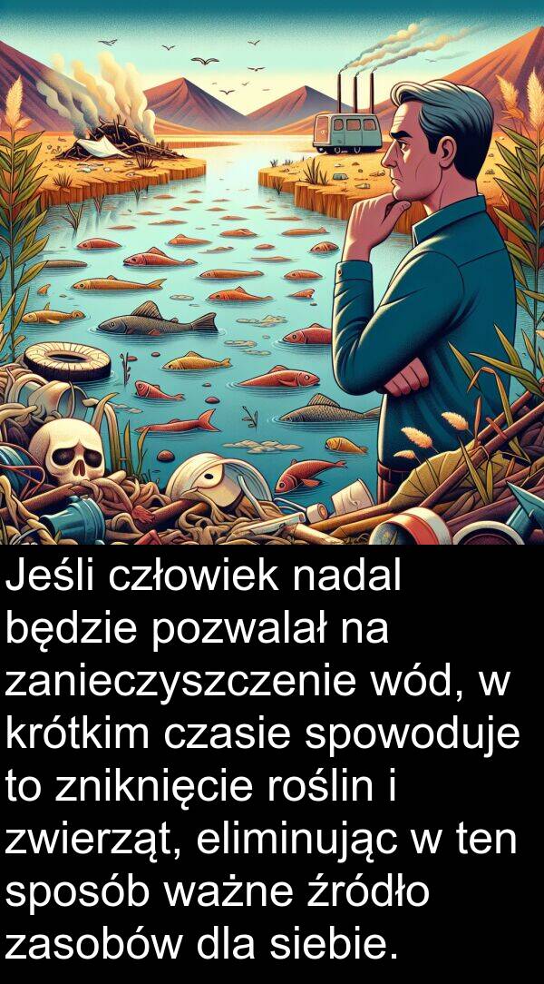 pozwalał: Jeśli człowiek nadal będzie pozwalał na zanieczyszczenie wód, w krótkim czasie spowoduje to zniknięcie roślin i zwierząt, eliminując w ten sposób ważne źródło zasobów dla siebie.