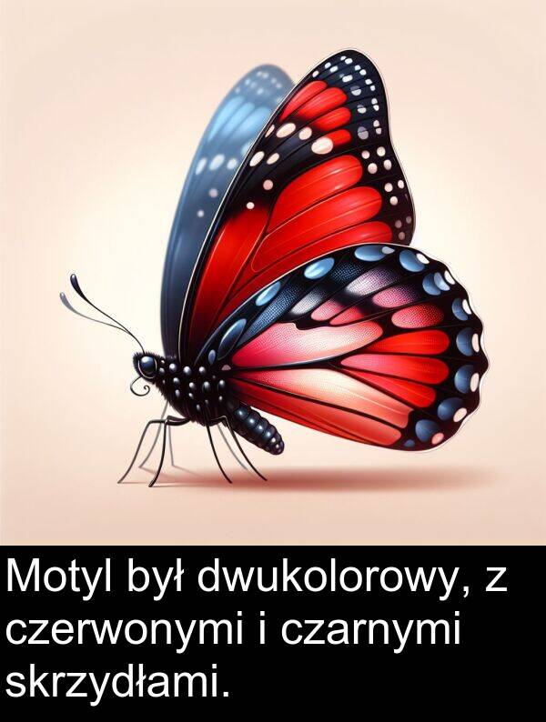 czerwonymi: Motyl był dwukolorowy, z czerwonymi i czarnymi skrzydłami.