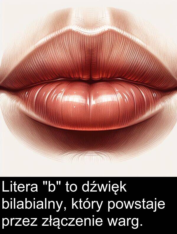 powstaje: Litera "b" to dźwięk bilabialny, który powstaje przez złączenie warg.