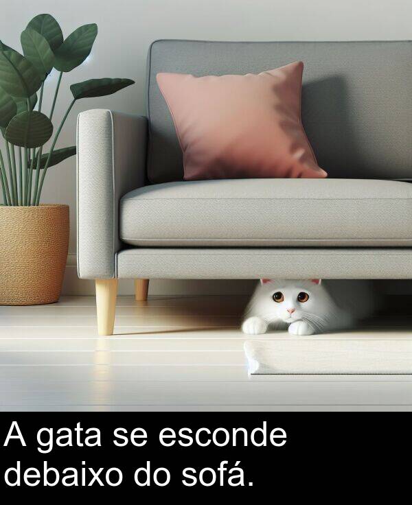 gata: A gata se esconde debaixo do sofá.