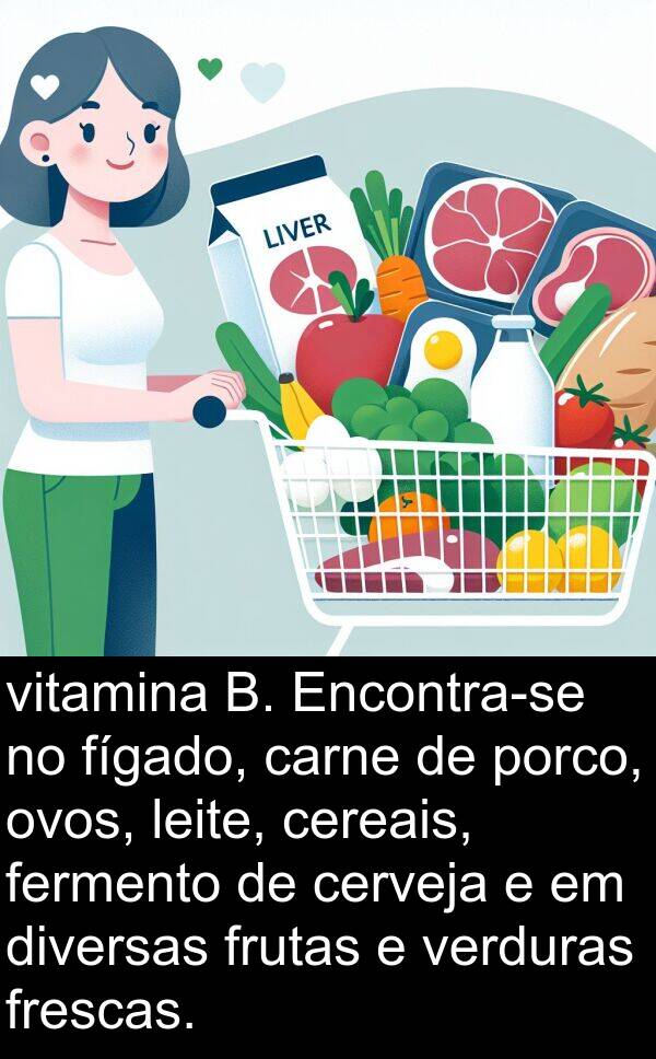 porco: vitamina B. Encontra-se no fígado, carne de porco, ovos, leite, cereais, fermento de cerveja e em diversas frutas e verduras frescas.