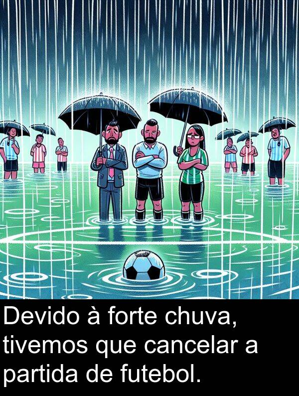 cancelar: Devido à forte chuva, tivemos que cancelar a partida de futebol.
