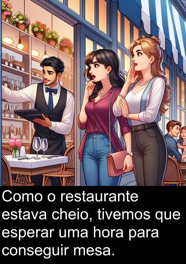 mesa: Como o restaurante estava cheio, tivemos que esperar uma hora para conseguir mesa.