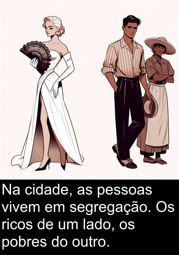 vivem: Na cidade, as pessoas vivem em segregação. Os ricos de um lado, os pobres do outro.
