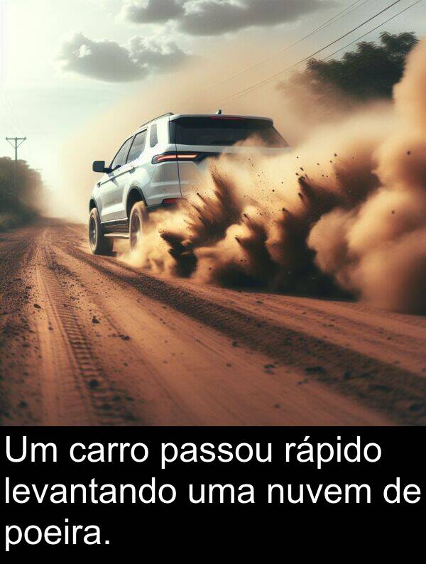rápido: Um carro passou rápido levantando uma nuvem de poeira.