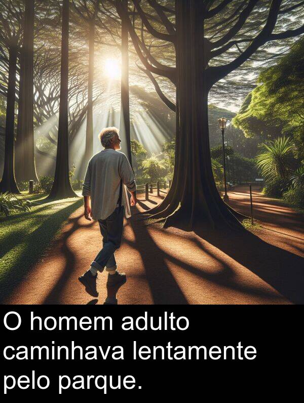 pelo: O homem adulto caminhava lentamente pelo parque.