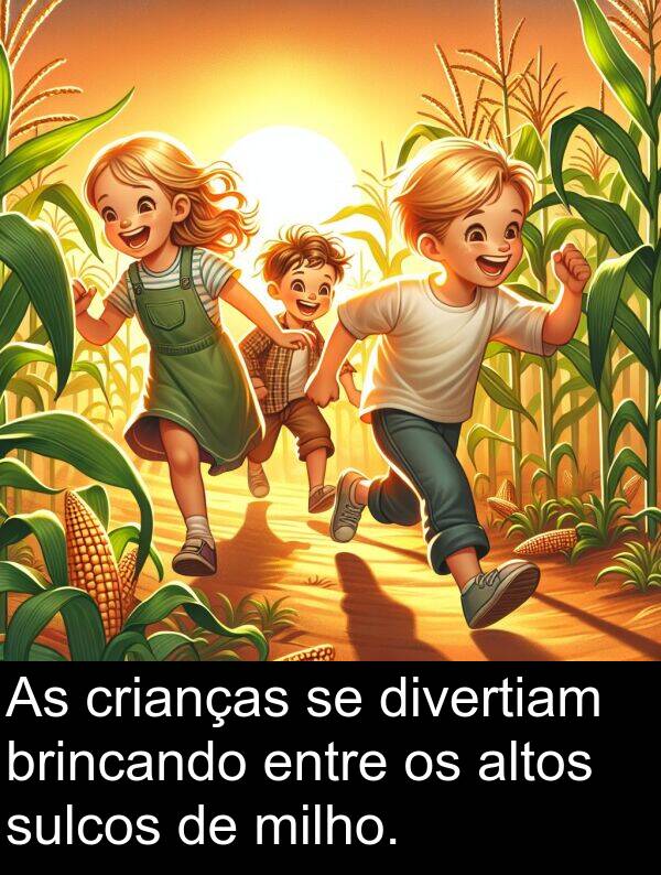 divertiam: As crianças se divertiam brincando entre os altos sulcos de milho.