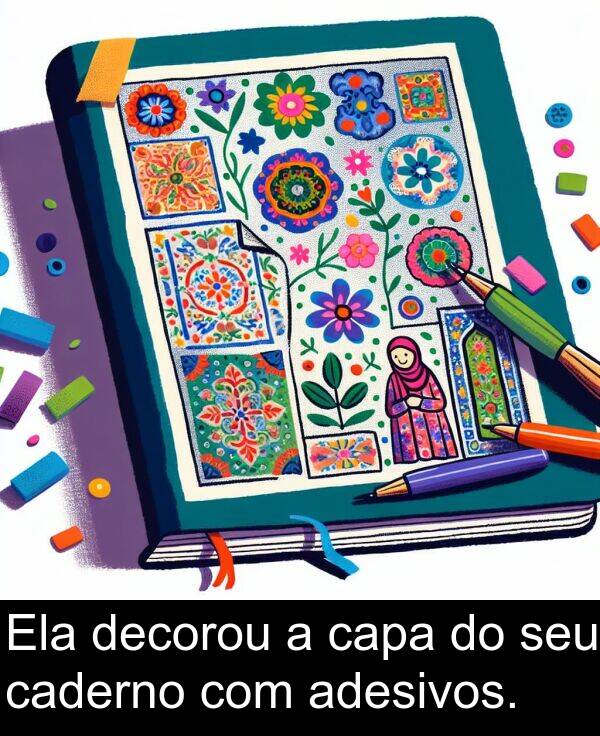 seu: Ela decorou a capa do seu caderno com adesivos.