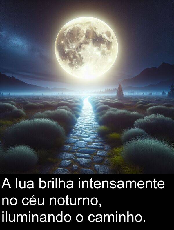 caminho: A lua brilha intensamente no céu noturno, iluminando o caminho.