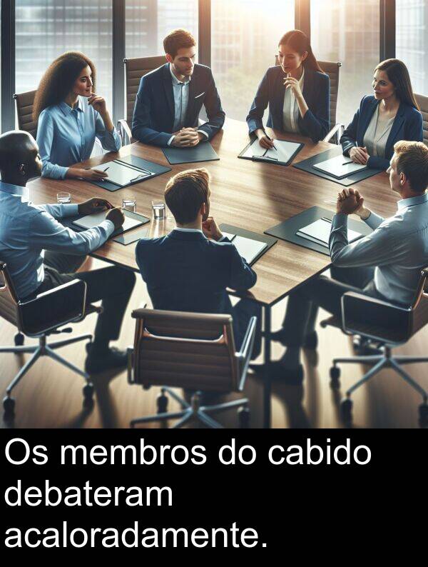 acaloradamente: Os membros do cabido debateram acaloradamente.