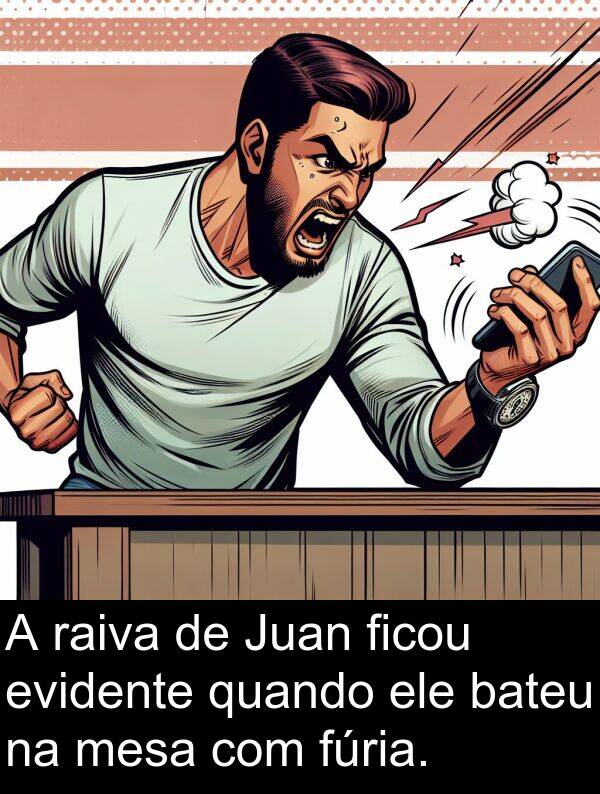 mesa: A raiva de Juan ficou evidente quando ele bateu na mesa com fúria.