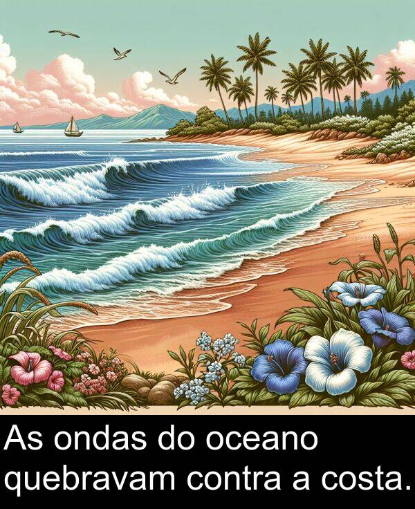 oceano: As ondas do oceano quebravam contra a costa.