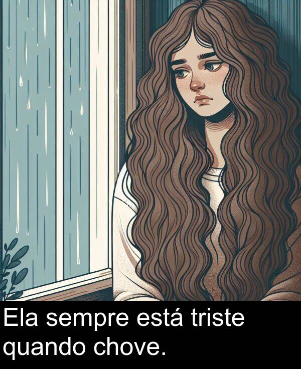quando: Ela sempre está triste quando chove.