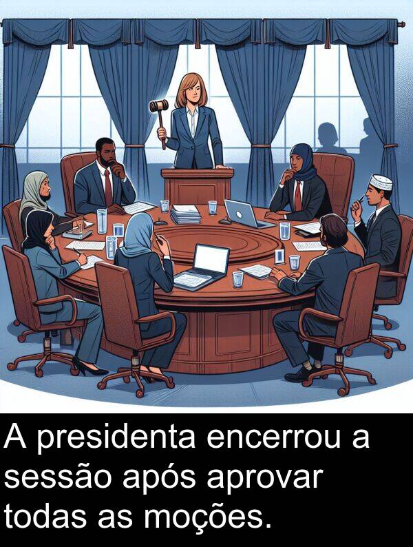 após: A presidenta encerrou a sessão após aprovar todas as moções.