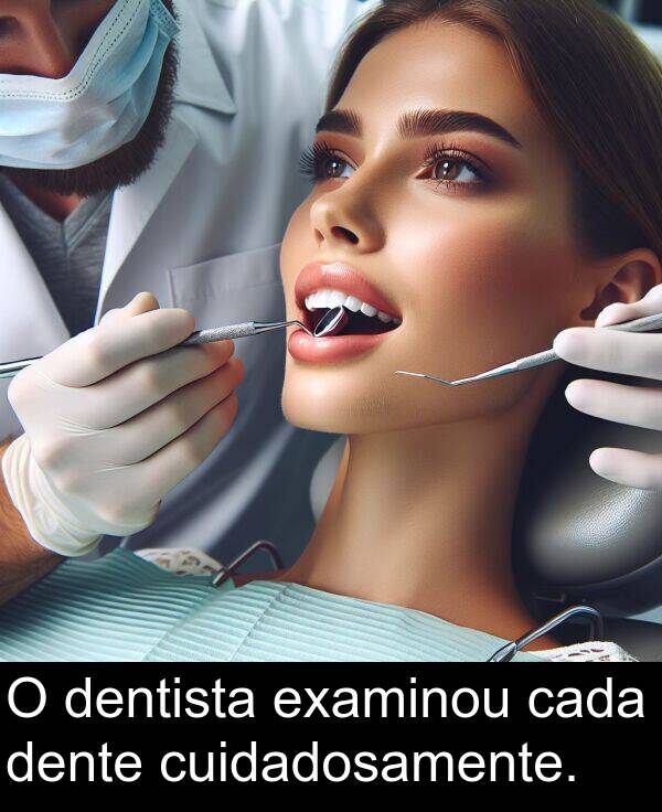 cada: O dentista examinou cada dente cuidadosamente.
