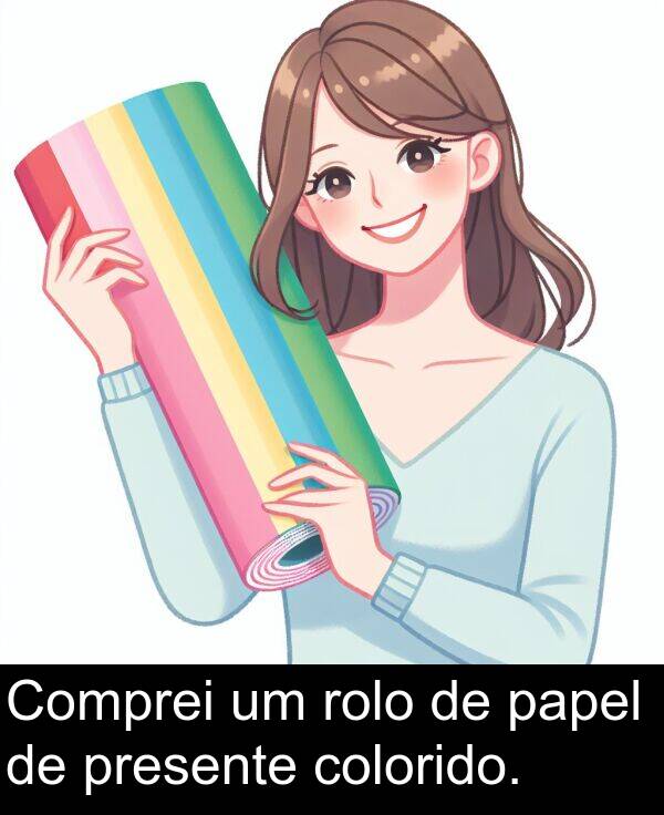 presente: Comprei um rolo de papel de presente colorido.