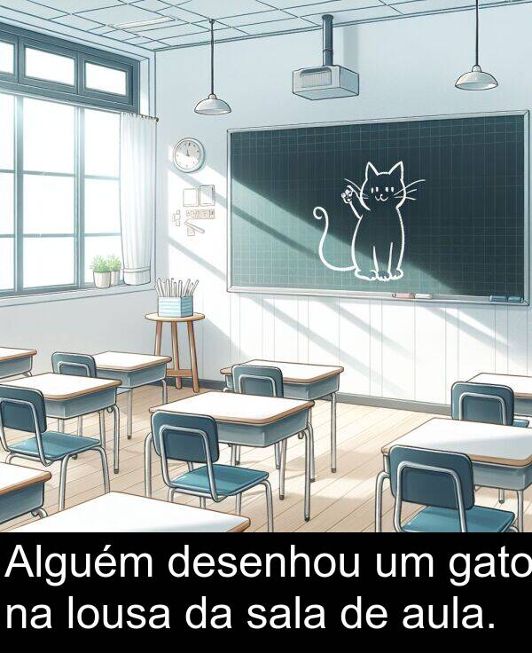 gato: Alguém desenhou um gato na lousa da sala de aula.