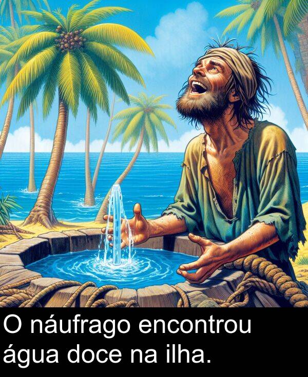 náufrago: O náufrago encontrou água doce na ilha.