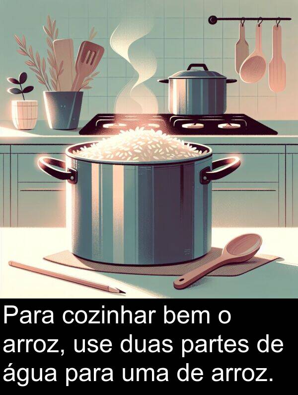 use: Para cozinhar bem o arroz, use duas partes de água para uma de arroz.