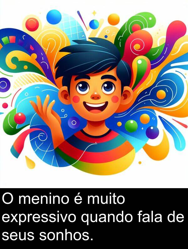 fala: O menino é muito expressivo quando fala de seus sonhos.