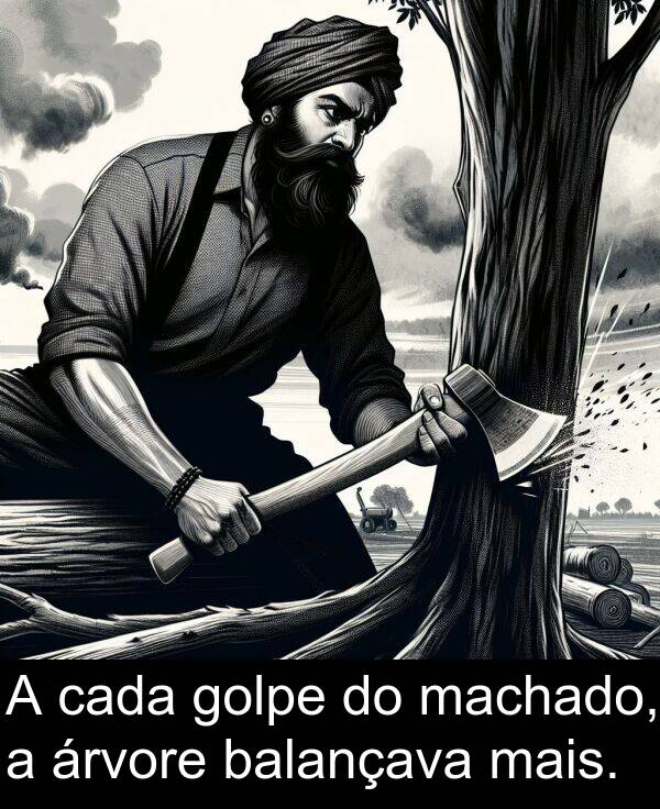 machado: A cada golpe do machado, a árvore balançava mais.