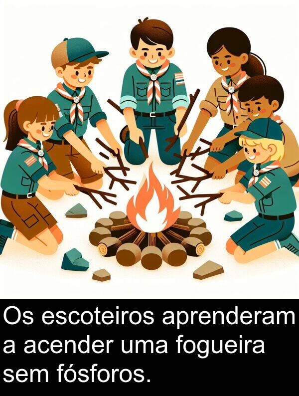 fósforos: Os escoteiros aprenderam a acender uma fogueira sem fósforos.