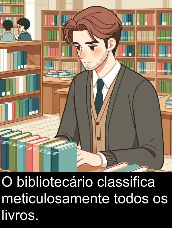 todos: O bibliotecário classifica meticulosamente todos os livros.