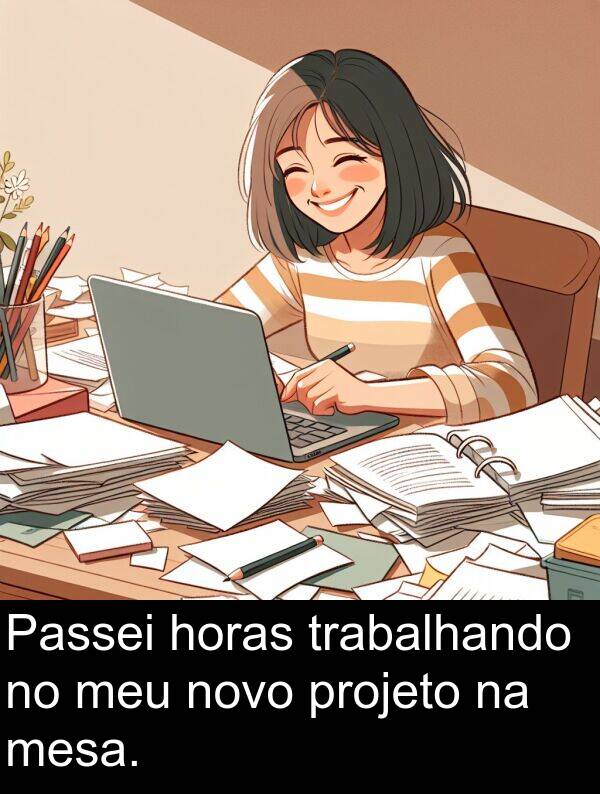mesa: Passei horas trabalhando no meu novo projeto na mesa.