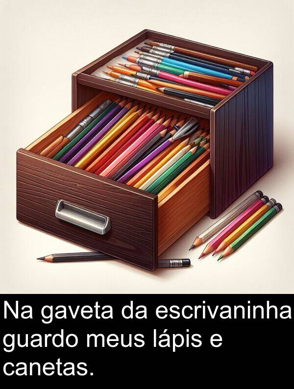 lápis: Na gaveta da escrivaninha guardo meus lápis e canetas.