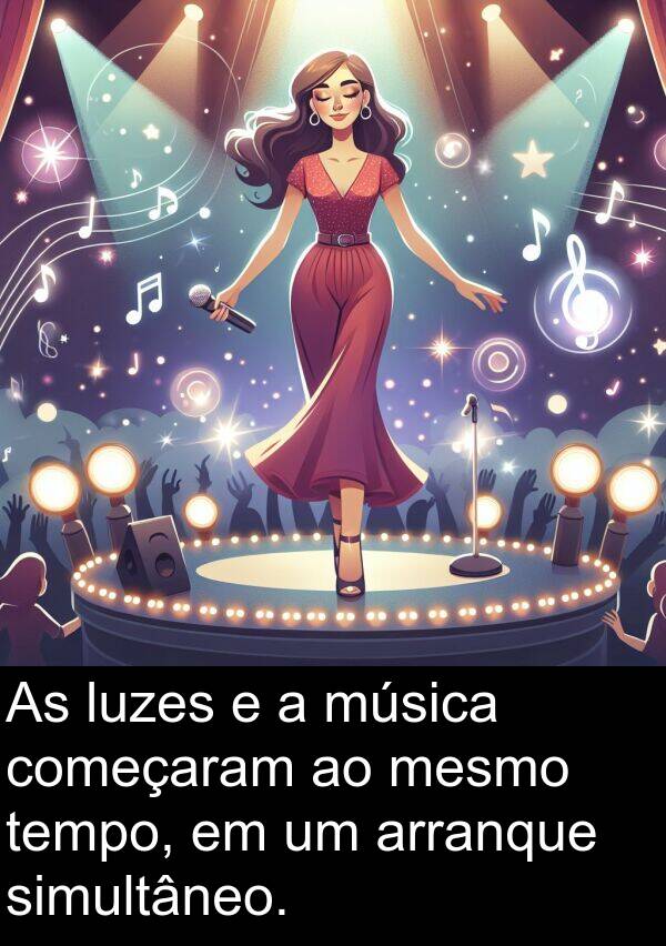 mesmo: As luzes e a música começaram ao mesmo tempo, em um arranque simultâneo.