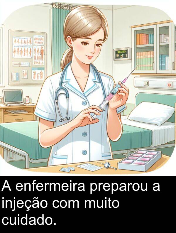 cuidado: A enfermeira preparou a injeção com muito cuidado.