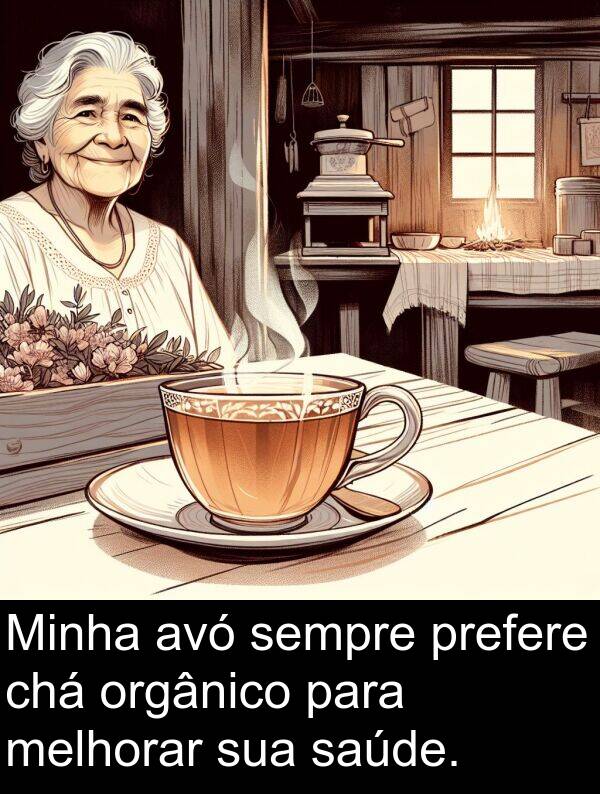 saúde: Minha avó sempre prefere chá orgânico para melhorar sua saúde.