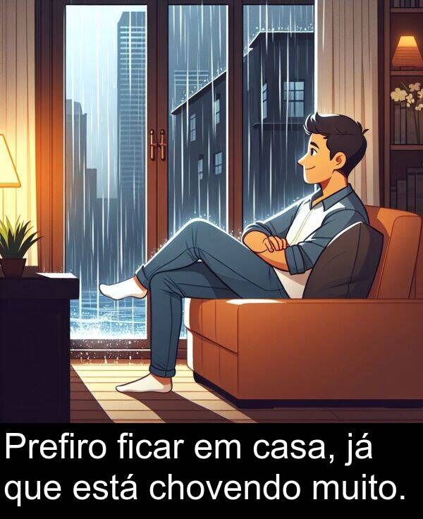 casa: Prefiro ficar em casa, já que está chovendo muito.